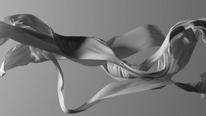 Abstract minimalist aesthetic 3D animation. White ribbons floats, isolated on monochrome background. Elegant fabric stripes flutter in slow motion