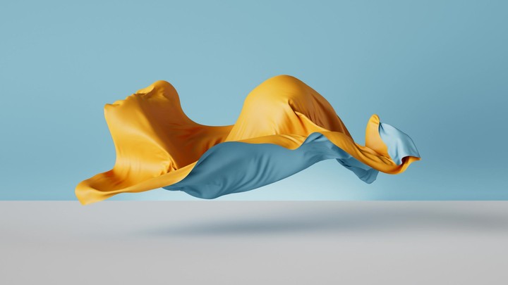 3D animation. Minimalist fashion intro. Blue and yellow silk drapery floats under bright daylight, isolated on a gradient background. A piece of fabric waves in the air.