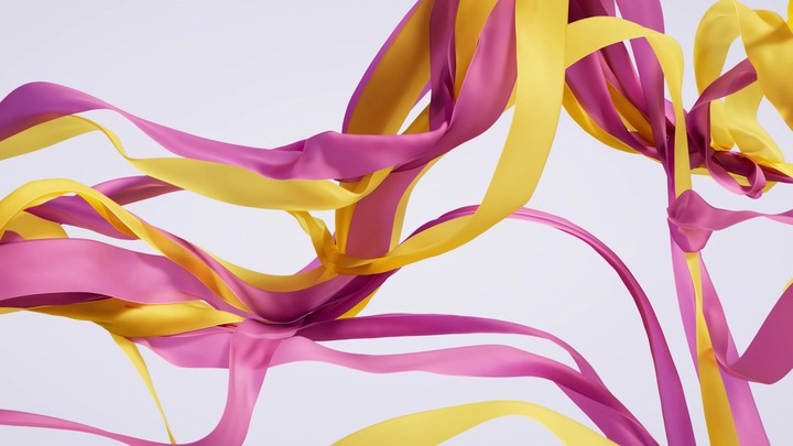 Abstract minimalist fashion 3D animation. Pink and yellow ribbons flutter and wave, isolated on a white background. The elegant fabric stripes undulate slowly. Silky cloth flows in slow motion