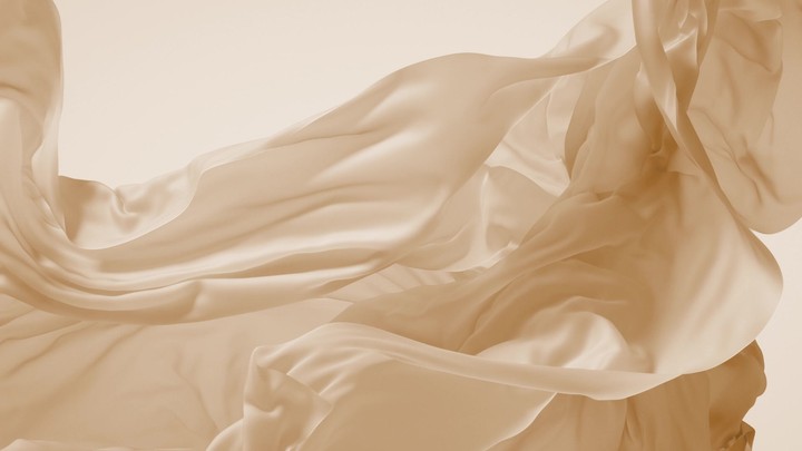 Abstract fashion 3D animation. A delicate, airy fabric floats gracefully in the air, twisting and swirling in the breeze, isolated on white background. Elegant beige cloth flutters and waves