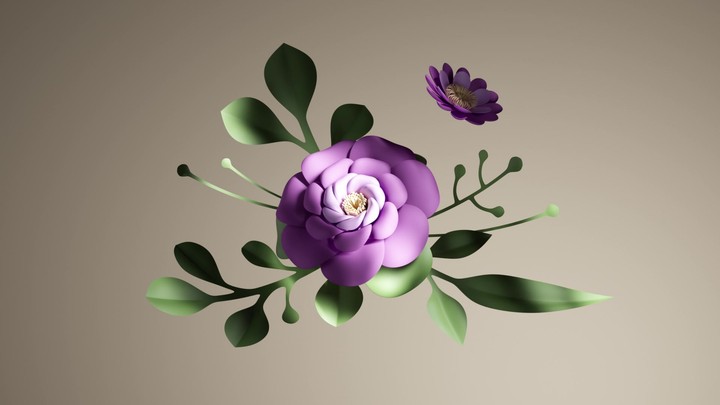 3D animation. Delicate pink paper flowers bloom and float, illuminated by contrasting light, isolated against a beige background