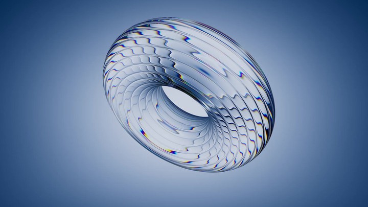 looping 3D animation. Abstract minimalist light blue background. Ribbed glass torus object spins and rotates endlessly