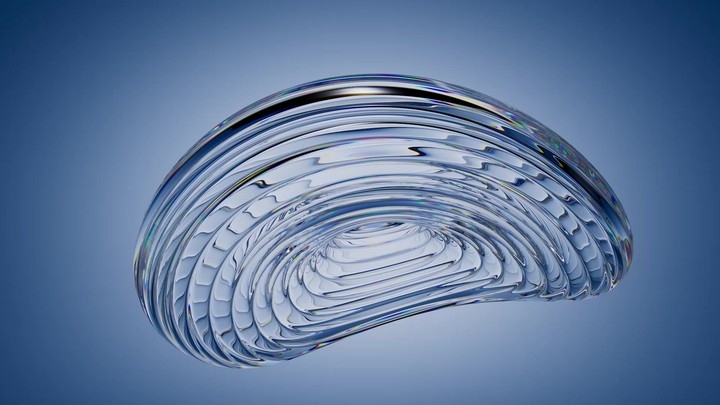 looping 3D animation. Abstract minimalist light blue background. Ribbed glass torus object spins and rotates endlessly