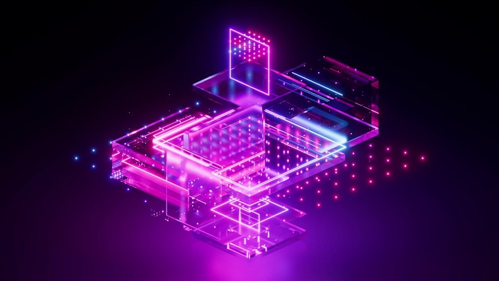 cycled 3d animation. Glowing parts of neon virtual blueprint move and rotate. Abstract geometric background. Pink blue neon linear scheme. Cybernetic computer technology