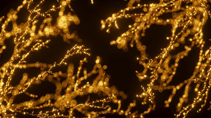 A branching coral shape made of golden sand or glitter, growing outward in all directions with bokeh effect. 3d render animation.