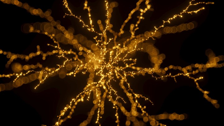 A branching coral shape made of golden sand or glitter, growing outward from the center in all directions. 3d render animation.