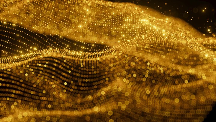 Animated golden sand or confetti wave, with particles gracefully dispersing in the wind. Airflow. 3d render animation.