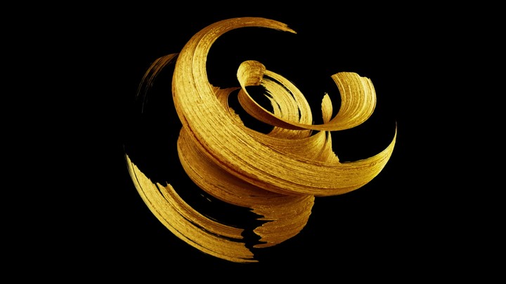 looping 3d animation, spinning gold gouache brush stroke isolated on black background, paint smear, artistic splash. Abstract creative design element