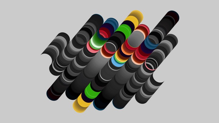 A looping 3d animation of colorful circles moving and changing colors, creating an optical effect of shifting segmented tubes, isolated on a gray background. Abstract geometric background