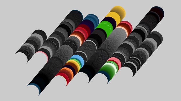 cycled animated background. Minimalist geometric motion design. Overlapping black and colorful circles arranged into diagonal rows, isolated on neutral background