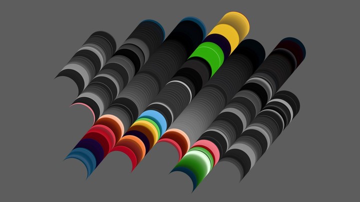 Cycled 3d animation. Abstract geometric pattern with overlapping colorful circles on a gray background, arranged in diagonal rows, creating a tube-like illusion with segmented colors. Hypnotic intro