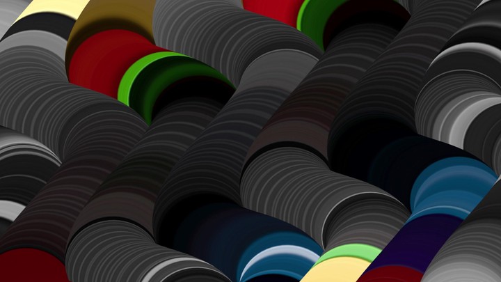 looping animated hypnotic background. Abstract geometric pattern with overlapping black and colorful circles, creating a tube-like illusion with colorful segmented. Wavy tubes, zigzag lines