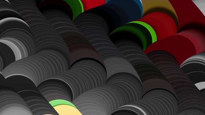 cycled animated background. Simple geometric motion design. Wavy rows with overlapping black and colorful circles
