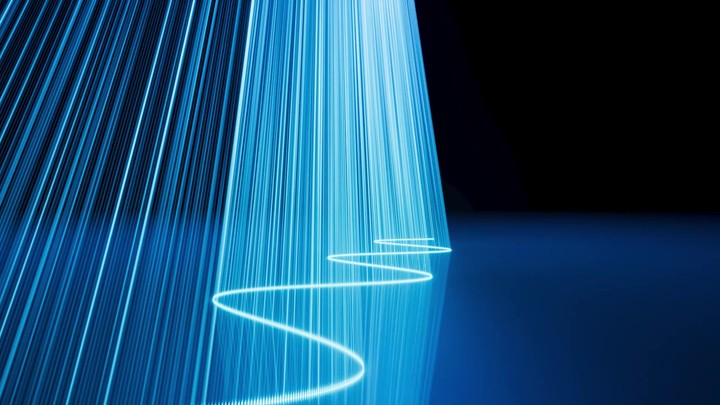 Rotating spiral of blue laser strands swirls, forming a dynamic, energetic centerpiece for lighting design. 3D render motion.