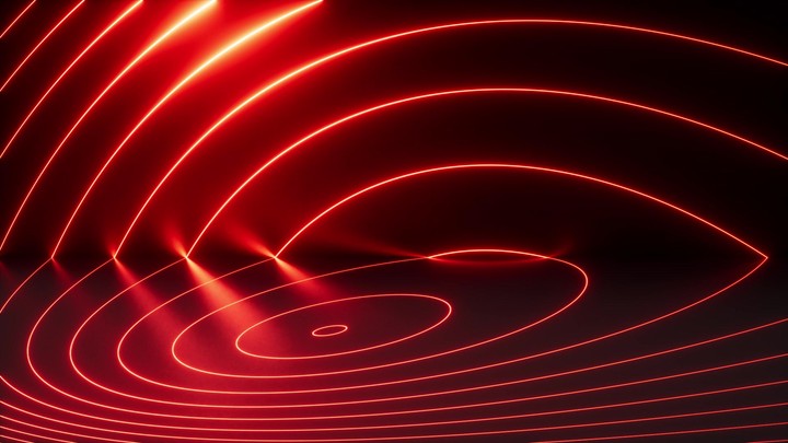 cycled 3d animation. Abstract minimalist background. Red neon circles appear and slide inside the dark room. Glowing linear round shapes