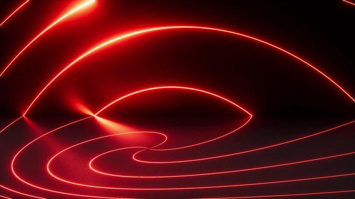 looping 3d animation. Abstract minimalist background. Twisted red neon lines spin and rotate inside the dark room