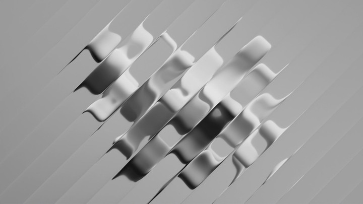 Animated twisting array of liquid glass tiles, rotating smoothly with shimmering silver reflections. 3D render animation.