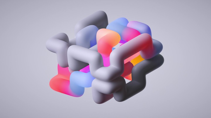 looping 3d animation. A colorful neon gradient flows along cylindrical tubes, forming a volumetric structure resembling a maze