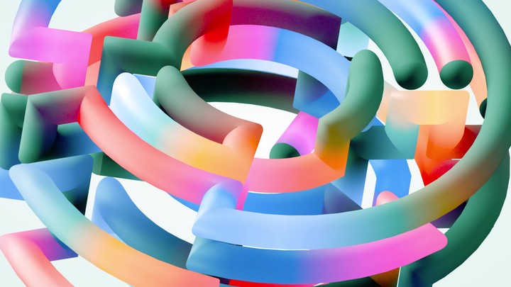 looping 3d animation of geometric background. Volumetric round maze macro. Multicolored tangled tubes spin and rotate