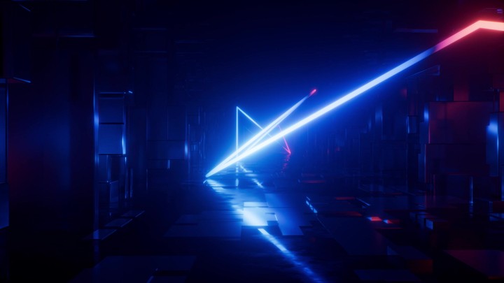 Looped 3D animation. Flight inside virtual space, moving forward through endless tunnel illuminated by geometric zigzag neon line glowing with red and blue light in the dark. Futuristic motion design