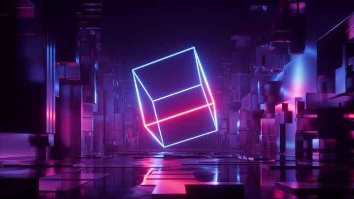 An abstract looping 3D background. Geometric motion design. A linear cube glows with neon light, spins, and rotates inside a futuristic virtual space in shades of ultraviolet