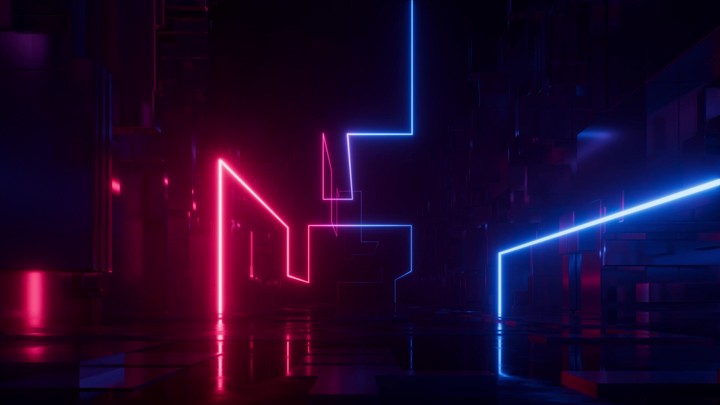 Looping 3D animation. Flight inside ultraviolet virtual space, moving forward through endless tunnel illuminated by geometric neon line glowing with pink and blue gradient. Futuristic motion design