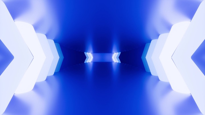 looping animated 3d background. Arrows glow with bright white neon light, flashing and pointing forward direction, meet in the center inside the blue room. Game environment in virtual reality