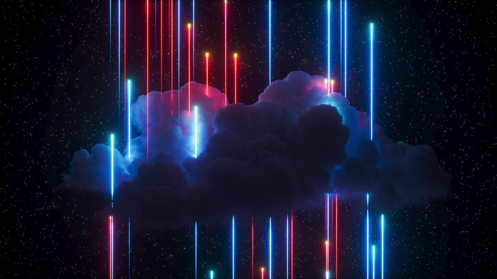 Sci-fi animation with a dramatic cloud illuminated by vertical neon lines, glowing in red, cyan, and blue against a star-filled space background. 3D render motion.