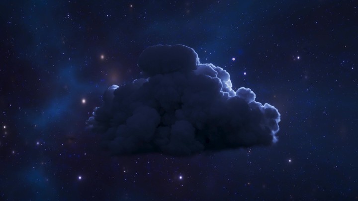 Surreal nebula cloud pulses as luminous vertical neon beams shoot through, with stars twinkling in a cosmic sky. 3D render motion.
