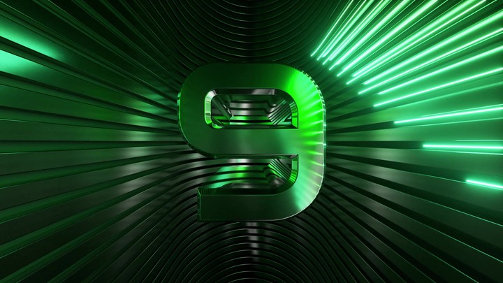 3D rendered of a motion countdown from ten to one. Chrome numbers with neon lines. A stage made of metallic curved lines and glowing lights.