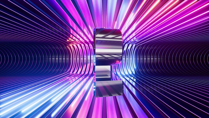 3D animation of a futuristic countdown from one to ten. A stage made of metallic curved stripes and glowing neon lights in the background. Chrome digits rotate around their axis