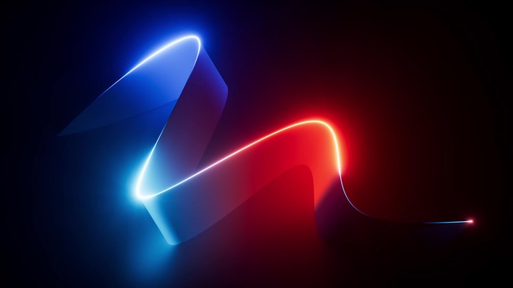 3D rendered animation of a curvy ribbon glowing with vibrant neon lights in a dark environment. Features a smooth blue-to-red gradient and a futuristic aesthetic.