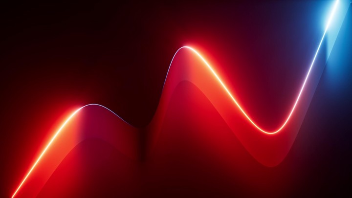 3D rendered animation of a curvy ribbon glowing with vibrant neon lights in a dark environment. Features a smooth blue-to-red gradient and a futuristic aesthetic.
