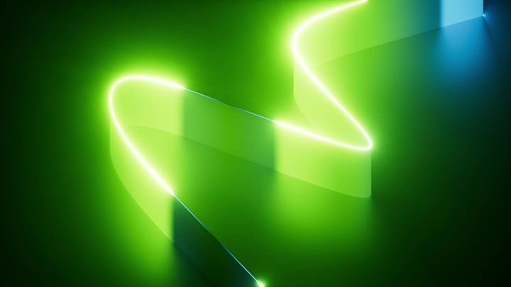 3D rendered animation of a curvy ribbon glowing with vibrant neon lights in a dark environment. Features a smooth blue-to-green gradient and a futuristic aesthetic.