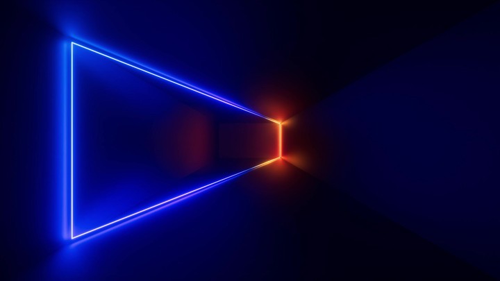 cycled 3d animation, geometric linear frame, glowing with neon light and changing colors from blue to red inside the dark room. Abstract animated background, futuristic wallpaper