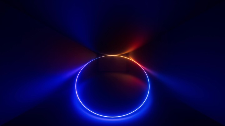 cycled 3d animation, geometric linear ring, glowing with neon light and changing colors from blue to red inside the dark room. Abstract animated background, futuristic wallpaper