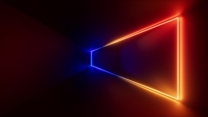 looping 3d animation. Abstract futuristic background. Perspective view of glowing frame, changing colors from blue to red inside the dark room. Animated ultraviolet wallpaper