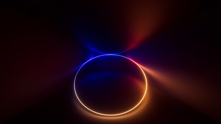 looping 3d animation. Abstract futuristic background. Perspective view of glowing ring, changing colors from blue to red inside the dark room. Animated ultraviolet wallpaper