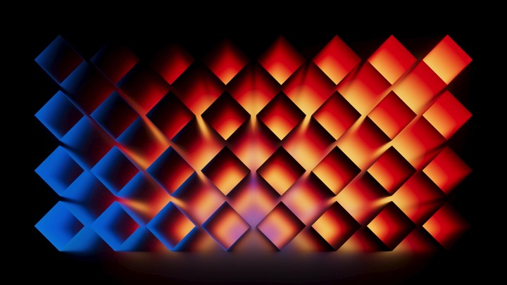 Blue and magenta cube pattern shifts in a seamless neon gradient animation. The colors flow gently and creatively. 3D render motion.