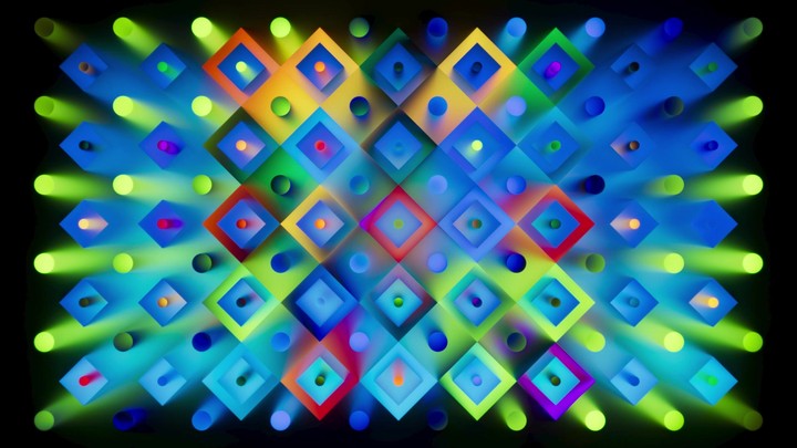 Animated grid of neon diamond tiles in rainbow colors pulses and shifts. Energetic abstract loop with smooth gradient transitions.