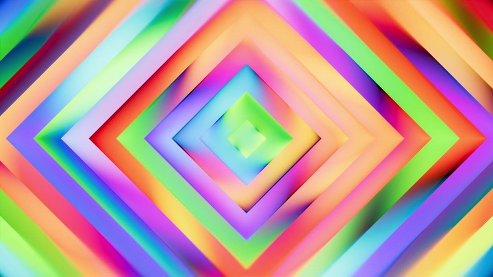 Expanding neon diamond tunnels in rainbow colors create a hypnotic loop. Dynamic abstract animation with depth and motion.