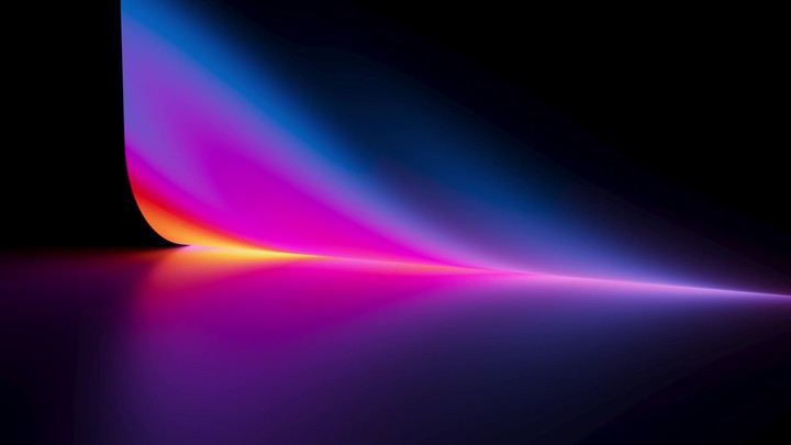 Smooth neon ribbons sweep across a glossy horizon, blending blue, pink, and violet in a seamless loop. Elegant abstract background for titles. 3d render motion.