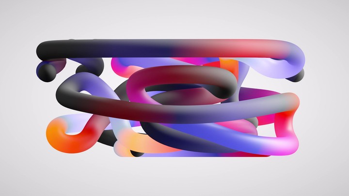 looping 3d animation, volumetric maze of tangled colorful curvy tubes isolated on white background, modern multicolored object spin and rotate