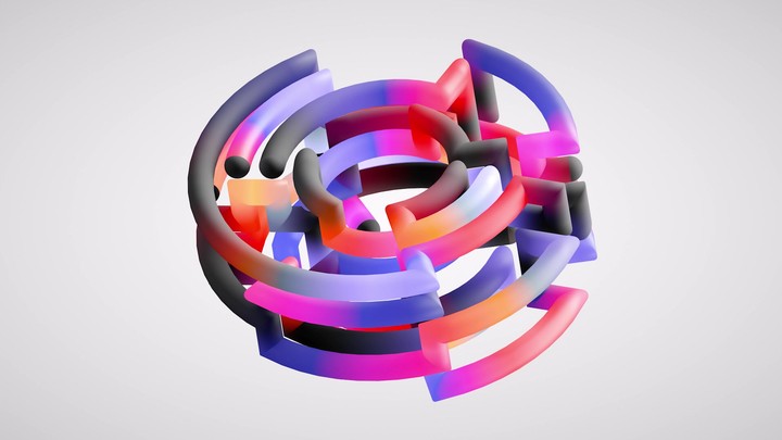 looping 3d animation, volumetric round maze of geometric colorful tubes isolated on white background, modern multicolored object spin and rotate