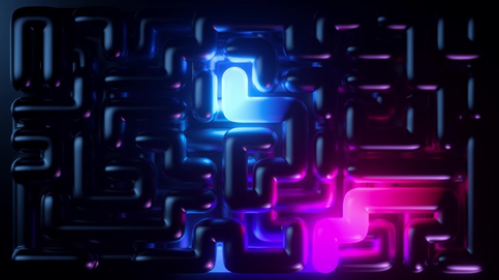 cycled 3d animation. Video of abstract neon maze background with laser drawn geometric shapes. Neon snake motion. Pink blue violet lights inside the labyrinth glow in the dark. Logistics concept