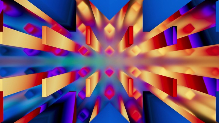 Fast-paced flight through a neon block tunnel with kaleidoscope effect. Energetic rainbow animation loop for dynamic backgrounds.