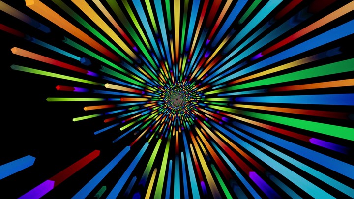 Zooming through a radiant burst of rainbow neon beams on black. High-speed abstract animation loop with vivid motion. VJ loop animation.