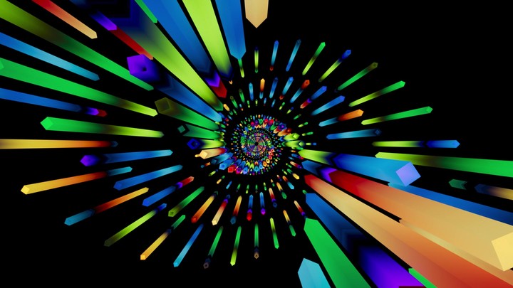 Spiraling flight through a tunnel of colorful neon arrows. Dynamic 3D animation loop with smooth rotation and depth. VJ loop animation.