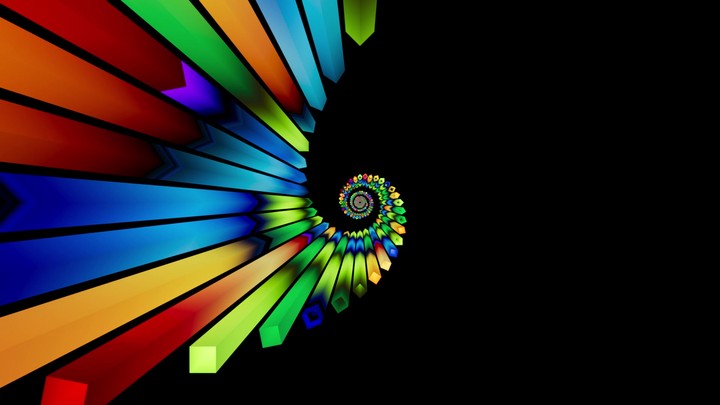 Zooming past rotating neon blades in a rainbow spiral tunnel. Fast-paced abstract animation loop with bold colors. 3D render VJ loop animation.