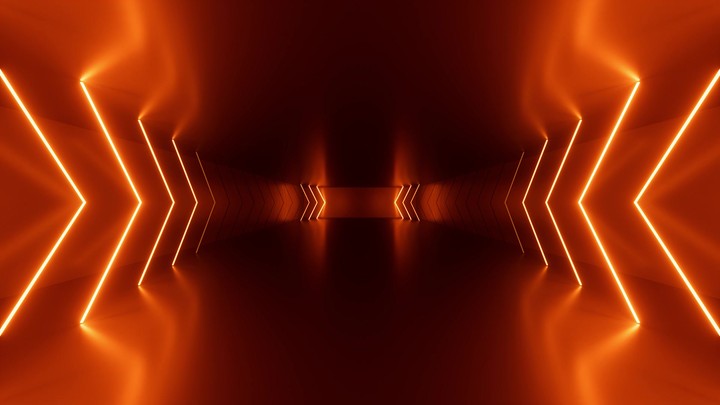 3d looping animated background. Linear arrows glow with red neon light, flashing and showing forward direction, meet in the center inside the dark room. Game environment in virtual reality